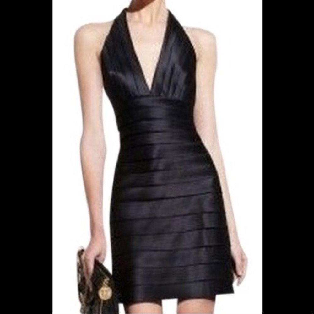 BCBGmaxazria Black Satin Tier Layer Cocktail Dress